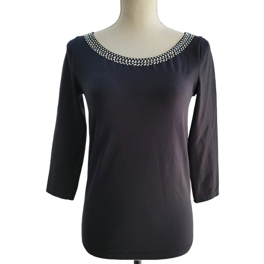 Wolford Black Crystal Embellished Neckline 3/4 Sleeve‎ Pullover Nylon Blo…